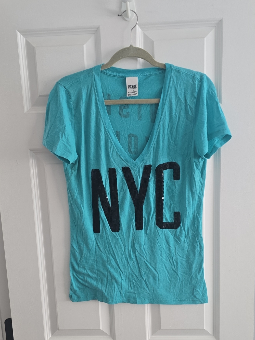 PINK Victoria's Secret Teal V‑Neck NYC Sequin Tee